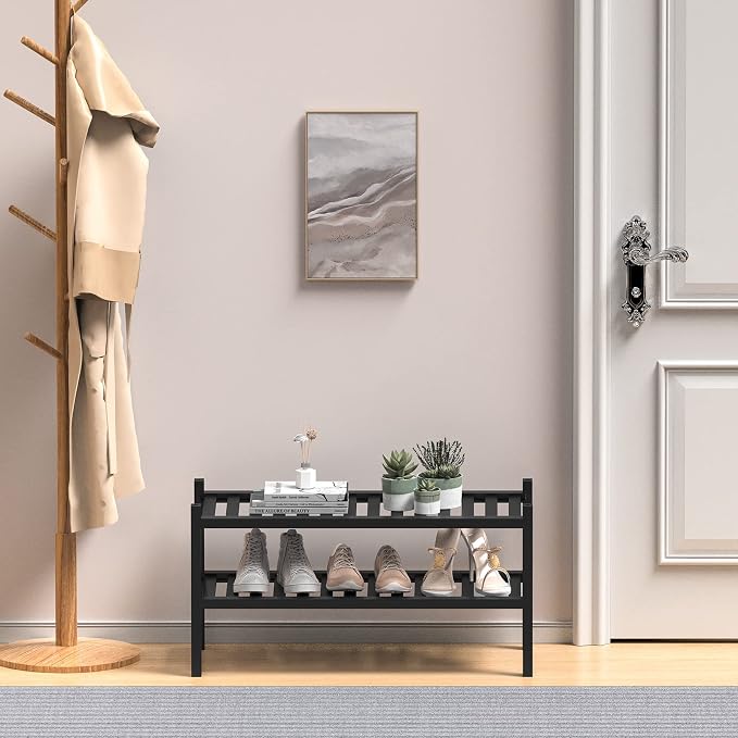2 Tier Bamboo Shoe Rack for Closet Free Standing Wood Shoe Shelf for Entryway - Image 2