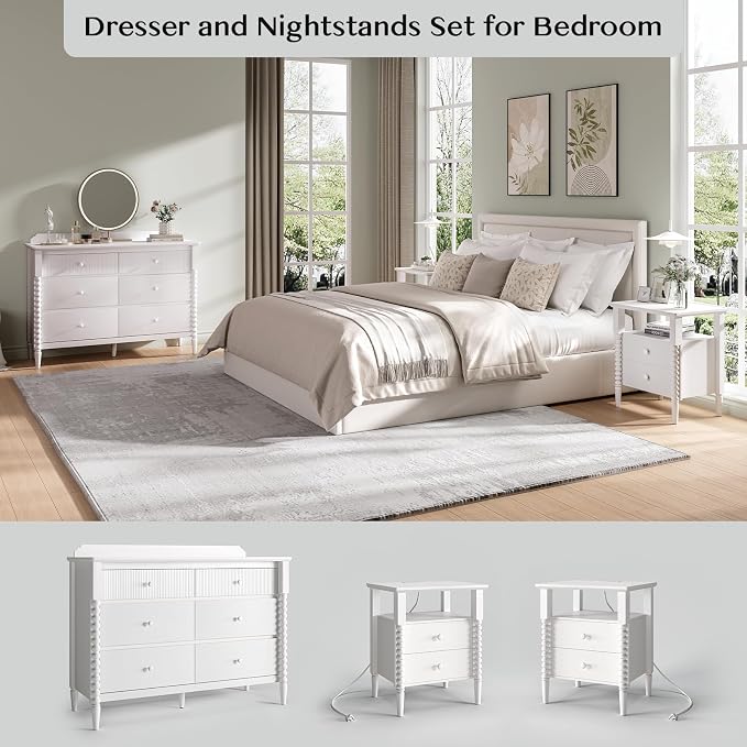 3 Piece Bedroom Set, Vintage 6 Drawer Dresser and Nightstand Sets - Image 4