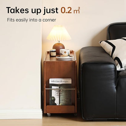 Side Table with Storage, Solid Wood Rolling End Table - Image 6