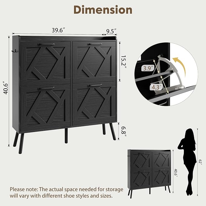 Nicetree Shoe Cabinet with 4 Flip Drawers, Hidden Shoe Rack Cabinet with Metal - Image 2