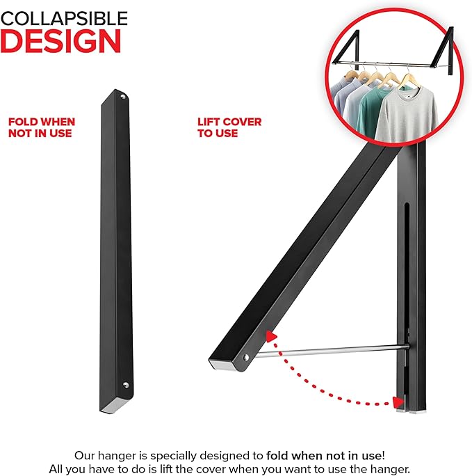 Double Foldable Clothing Rack w/ Extension Rod, Wall-Mounted Retractable - Image 3