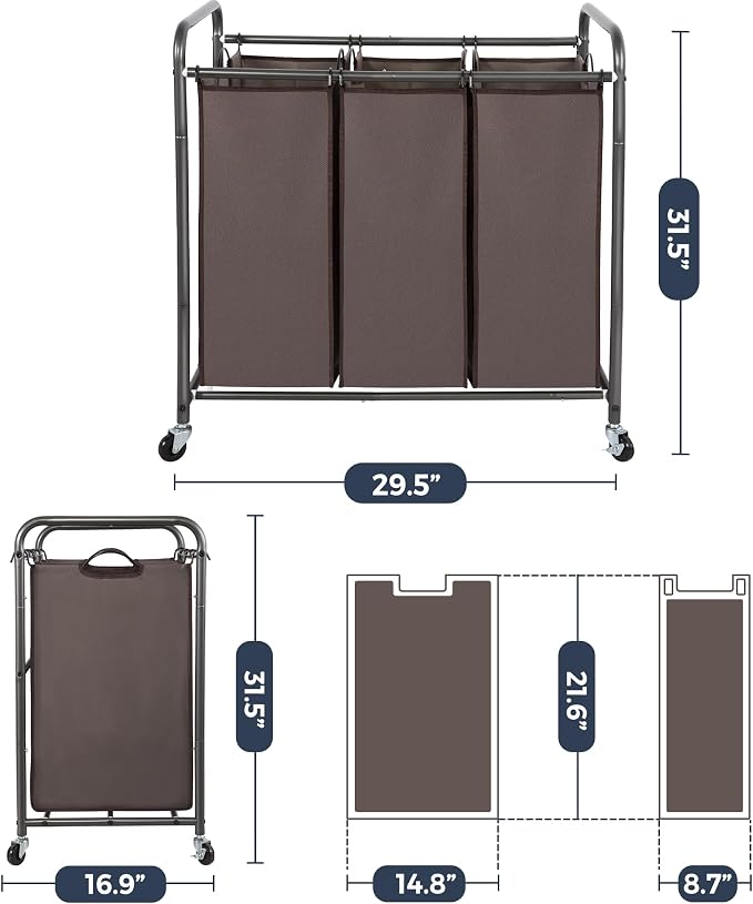 STO STO Laundry Sorter 3 Section, 3 Bag Laundry Hamper, Rolling Laundry Cart - Image 6