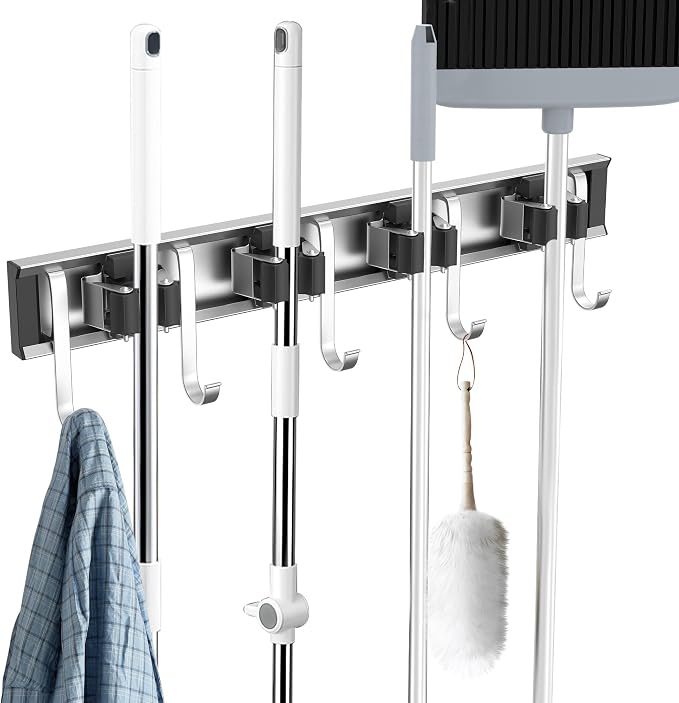 Broom Holder Wall Mount, 4 Star Roller Clips & 5 Extra Long Hooks, Thickened by GARLWOLX