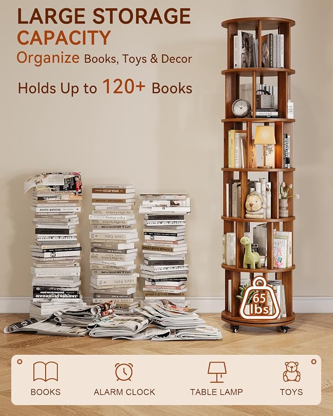 IUNVR Rotating Bookshelf, 6 Tier Solid Wood Bookshelf Tower - Image 3