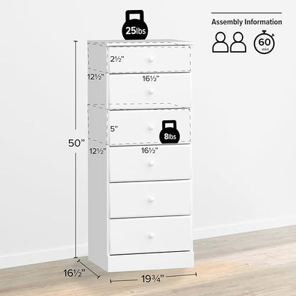 Prepac Astrid Tall White Dresser: 16.5"D x 19.75"W x 50"H, 6-Drawer Chest - Image 3