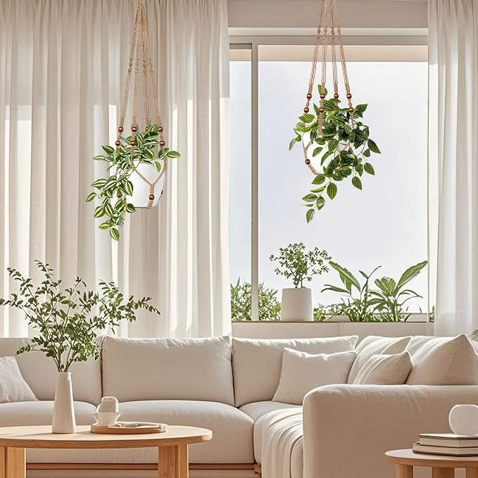LEWESU Jute Macrame Plant Hanger Indoor Set of 4 Hanging Planter Basket Flower - Image 2