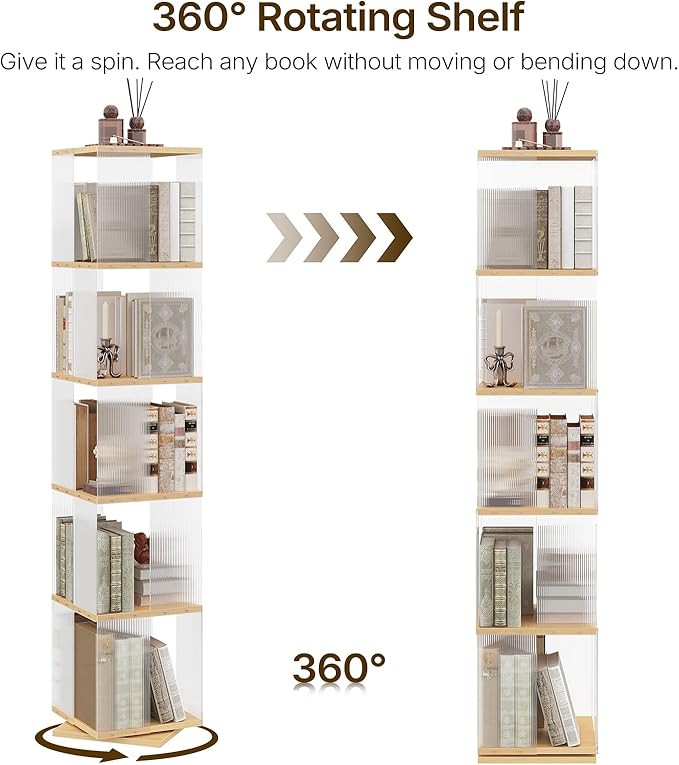 YATINEY 5-Tier Rotating Bookshelf, 360 Spinning Corner Bookcase Tower, - Image 4