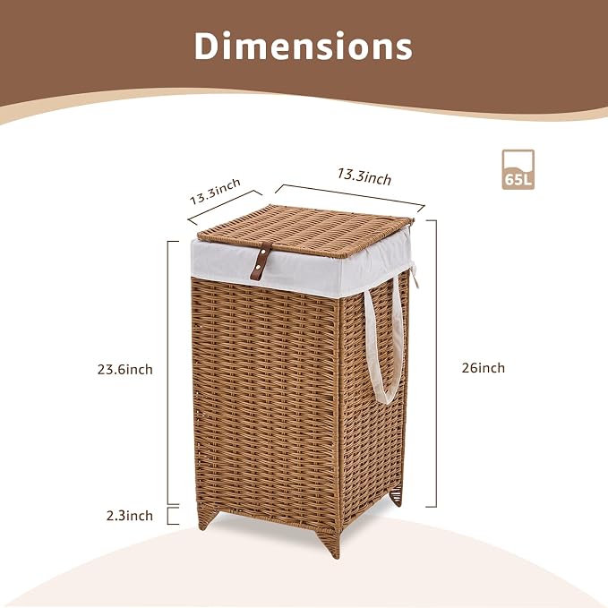 Laundry Hamper with Lid and Removable Liner Bag, Handwoven Rattan Clothes - Image 2