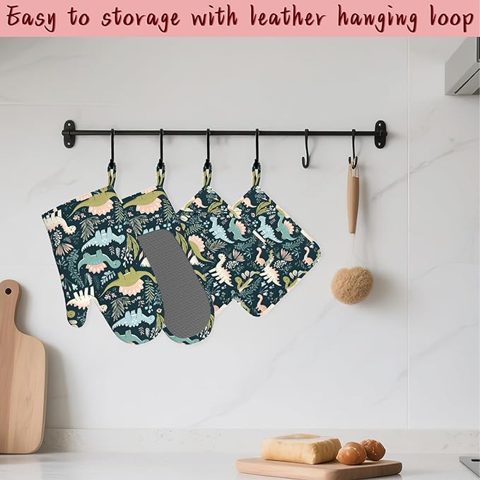 Cute Dinosaur Heat-Resistant Silicone Oven Mitts and Pot Holders 4 Piece Set - Image 5