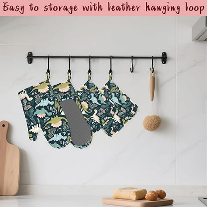 Cute Dinosaur Heat-Resistant Silicone Oven Mitts and Pot Holders 4 Piece Set - Image 5