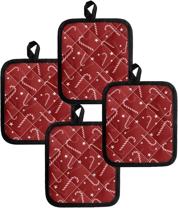 Christmas Red Candy Cane Stars Print Pot Holders Set of 2 Heat Resistant Oven - Image 4