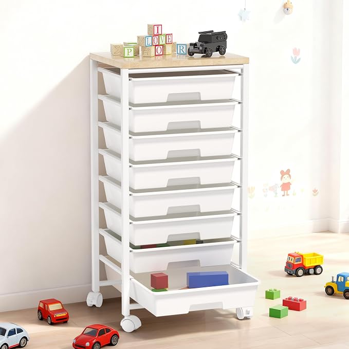 Rolling Cart with 8 Drawers, Storage Drawers Cart with Wooden Tabletop and - Image 8