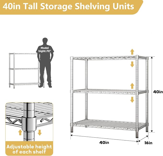 ROOMTEC 3-Tier Heavy Duty Wire Shelving Unit, 1200 lbs Total Capacity - Image 3