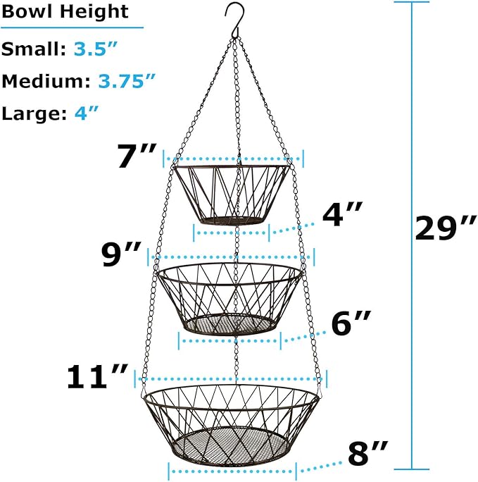Heavy Duty - 3 Tier Hanging Kitchen Bronze Fruit Basket - Image 2