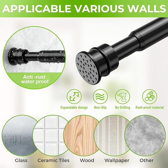 2 Pack Spring Tension Rods 28-48 Inch, No Drill Tension Curtain Rods Black | - Image 6