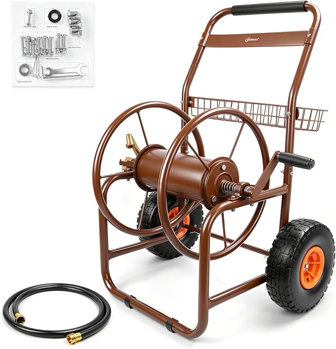 Garden Hose Reel Cart, Heavy Duty Metal w/2 Wheels, Holds 230ft 5/8" | Outdoor by WERMAH