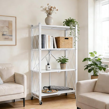 4 Tier Folding Storage Shelf on Wheels, Collapsible Shelving Unit Rolling - Image 2
