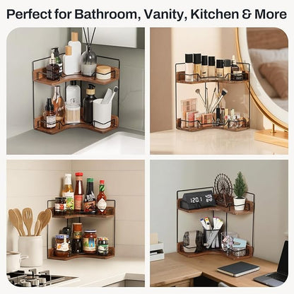 2-Tier Bathroom Counter Organizer, Wooden Corner Shelf - Image 7