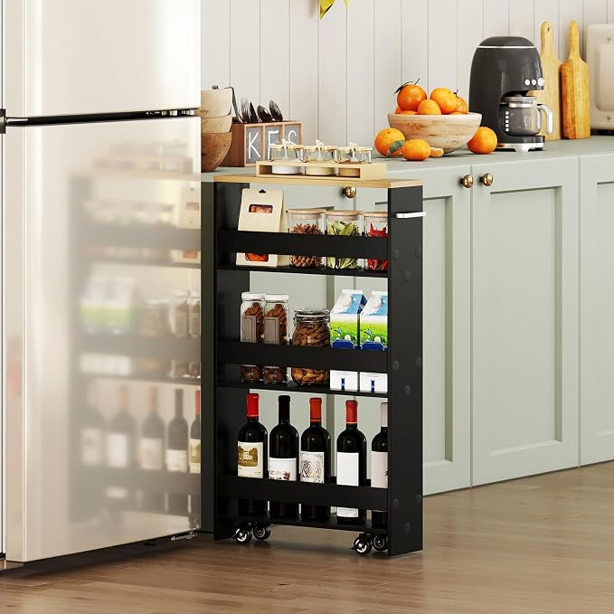 Small Kitchen Cart, 4-Tier Slim Rolling Island w/Handle, Laundry Room Storage - Image 2