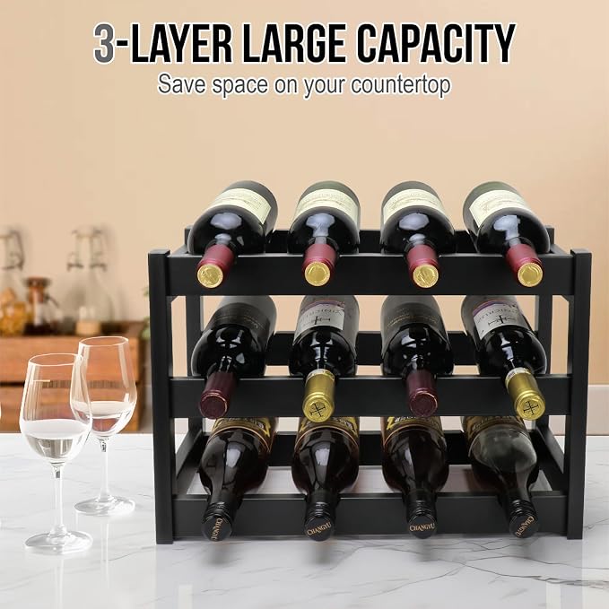 Bamboo Wine Rack, 3-Tier 12 Bottles Wine Storage Cabinet Shelf, Easy-Assembly - Image 5