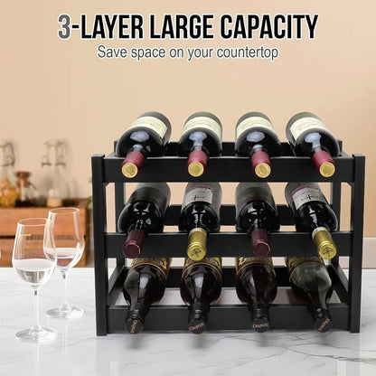 Bamboo Wine Rack, 3-Tier 12 Bottles Wine Storage Cabinet Shelf, Easy-Assembly - Image 5