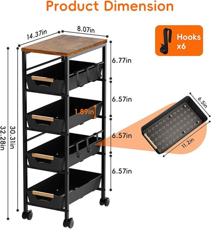 5-Tier Slim Storage Cart, Wooden Top Rolling Kitchen Cart - Image 5