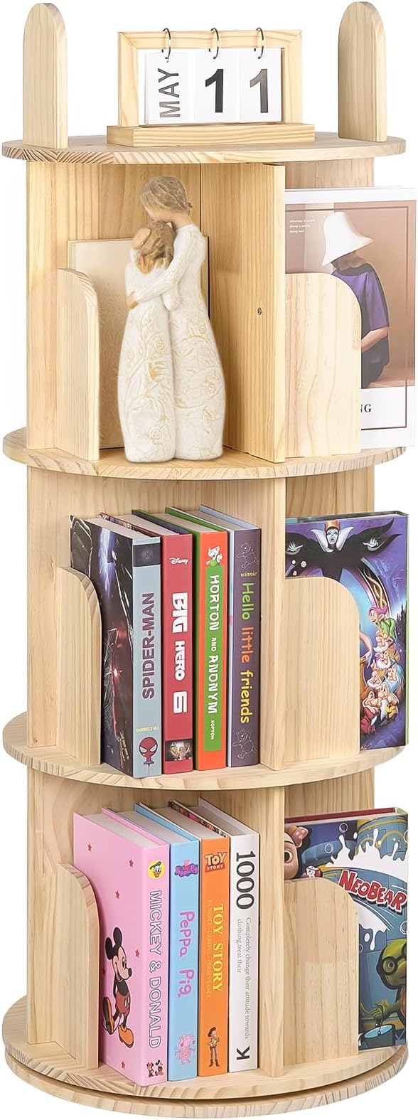 Kryonix 3 Tier Kids Rotating Bookshelf, Spinning Solid Pine Wood Bookcase | by Kryonix