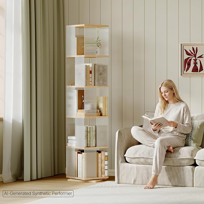 YATINEY 5-Tier Rotating Bookshelf, 360 Spinning Corner Bookcase Tower, - Image 2