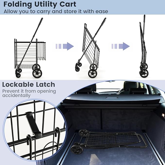 Goplus Folding Shopping Utility Cart, Double Basket and 360° Swivel Wheels - Image 5