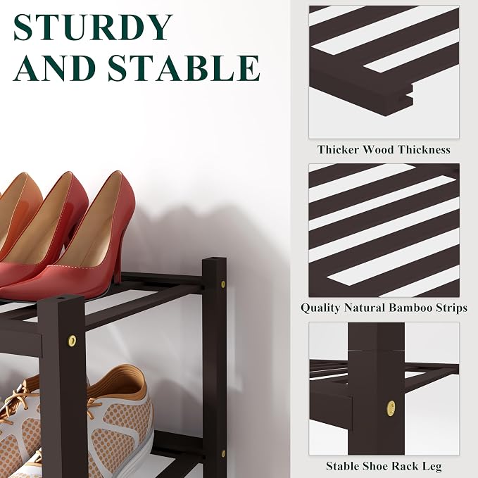 Smiry Bamboo Shoe Rack for Closet, 3 Tier Small Wooden Stackable Shoe Organizer - Image 3