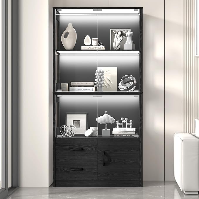 Display Cabinet with Glass Doors, 4-Tier Display Case with 3-Color Lights & - Image 6