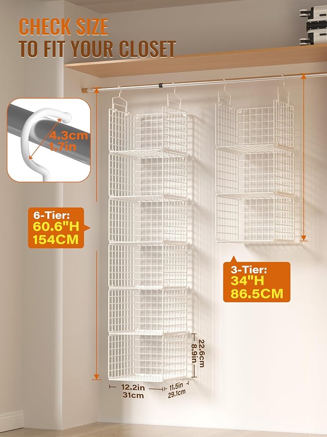 6 Tier Closet Hanging Organizer, Metal Closet Organizers and Storage - Image 2