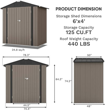 Patiowell 6x4 FT Outdoor Storage Shed, Garden Tool Storage Shed - Image 5