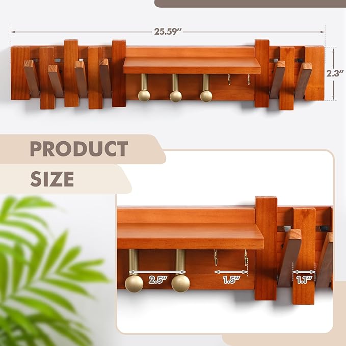 Zingoetrie Wooden Coat Rack Wall Mount Red Brown 11 Hooks Key Holder Umbrella - Image 2