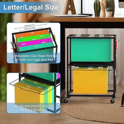 Sunexinlo Rolling File Cart for Letter/Legal Size 2-Tier, Hanging File Organizer - Image 6