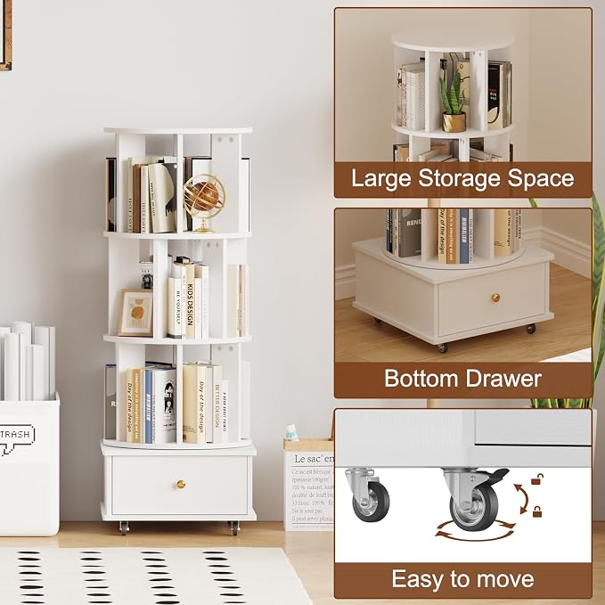 3-Tier Rotating Bookshelf with Drawers on Wheels, 360° Spinning Corner Bookcase - Image 5