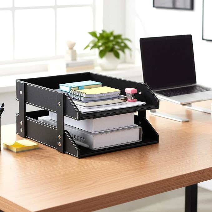 2-Tier Stackable Leather Desk Organizer, Letter Tray Holder - Image 2