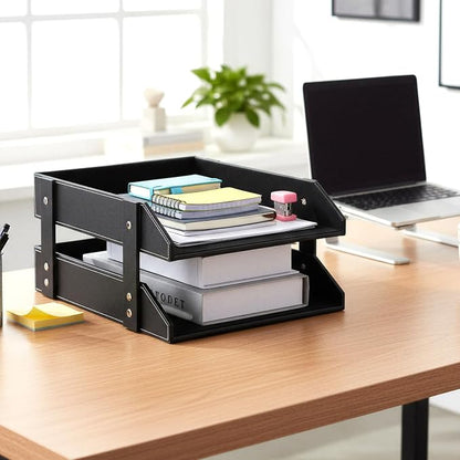 2-Tier Stackable Leather Desk Organizer, Letter Tray Holder - Image 2
