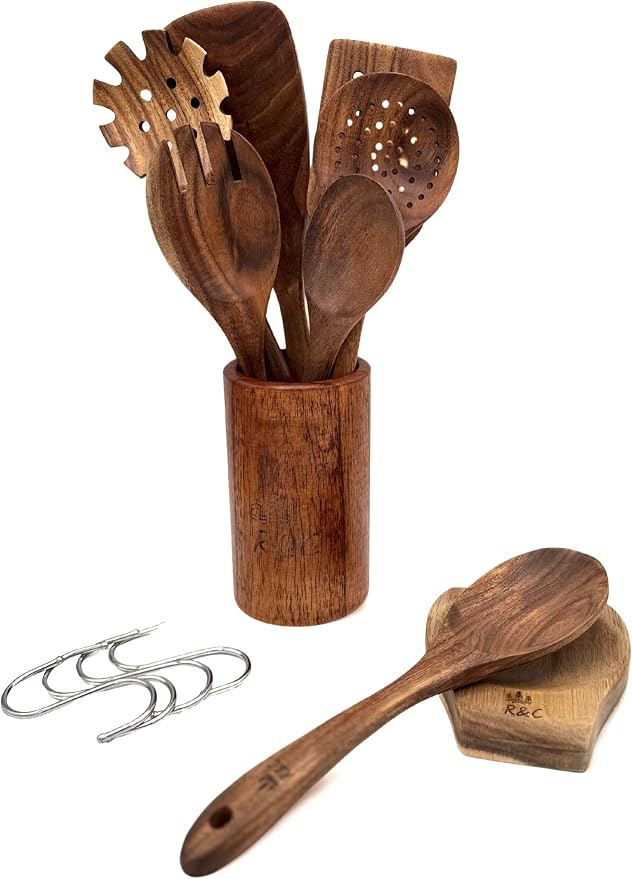 R&C Wooden Kitchen Utensil Set, 9-Piece Teak Cooking Tools by Unknown