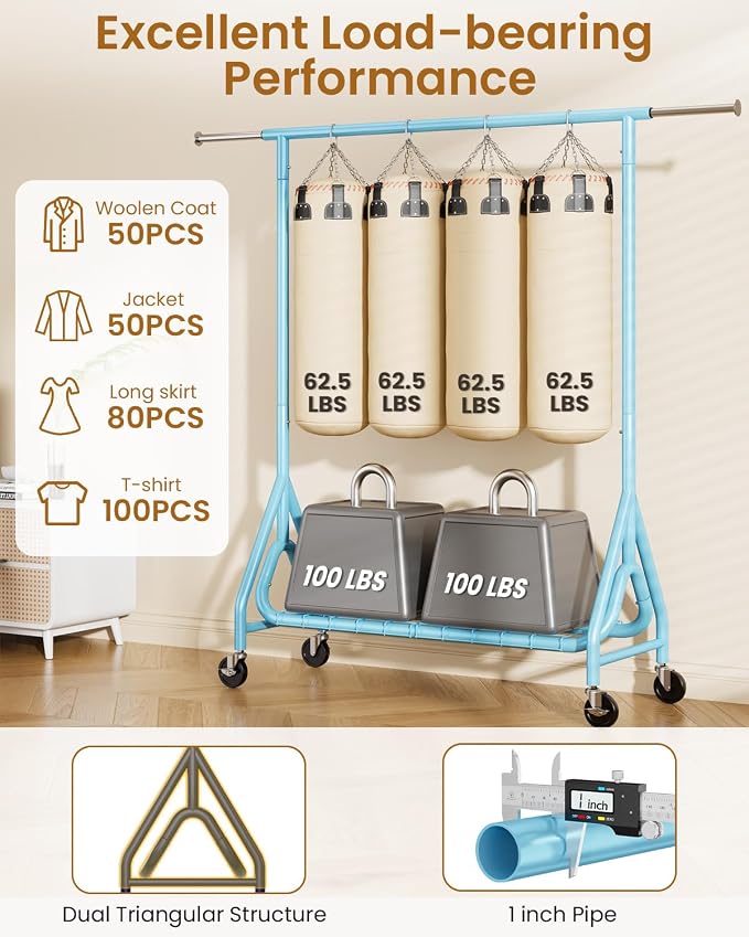Heavy Duty Clothing Rack, Metal Clothes Rack Load 450 LBS, Rolling Coat Racks - Image 5