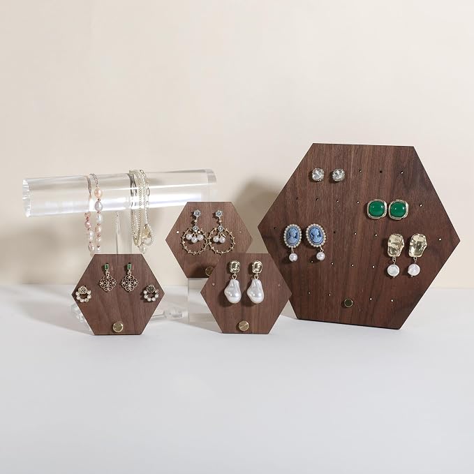 GemeShou 3pcs wooden jewelry earring organizer holder, walnut earring studs - Image 5