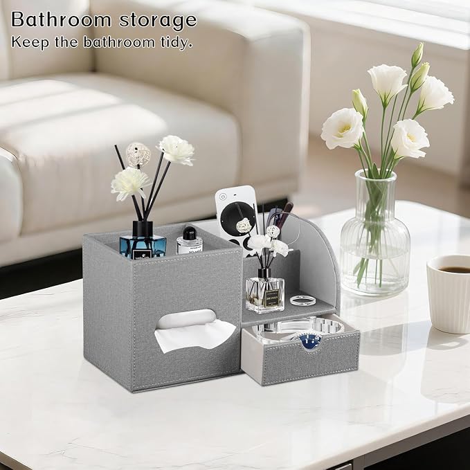 Square Tissue Box Cover with Drawer Storage and Tray on Top, PU Leather Tissues - Image 2