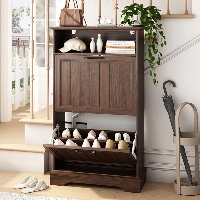 Shoe Storage Cabinet with 2 Flip Drawers, Narrow Slim Shoe Organizer by WINWY