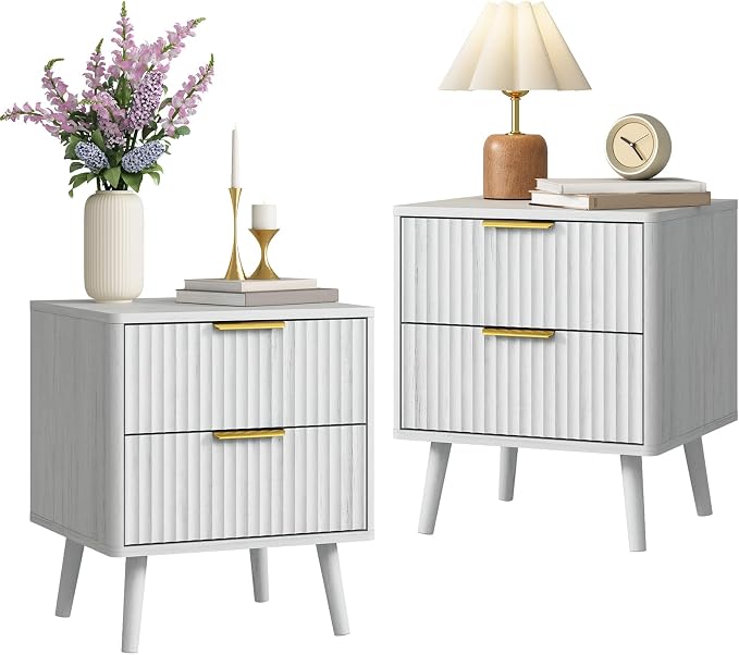 CARPETNAL Fluted Nightstand Set of 2, Wood End Table Mid Century Night Stands by CARPETNAL