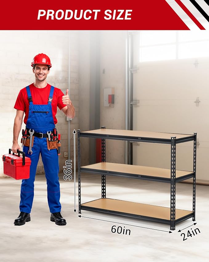 60x24x36 Heavy Duty Garage Storage Shelves, 3-Tier Adjustable Metal Shelving - Image 3