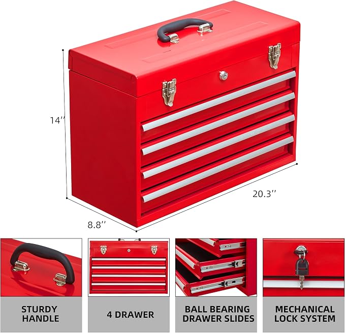 Metal Tool Box with 4 Drawers Portable Steel Tool Chest with Metal Cylinder - Image 3