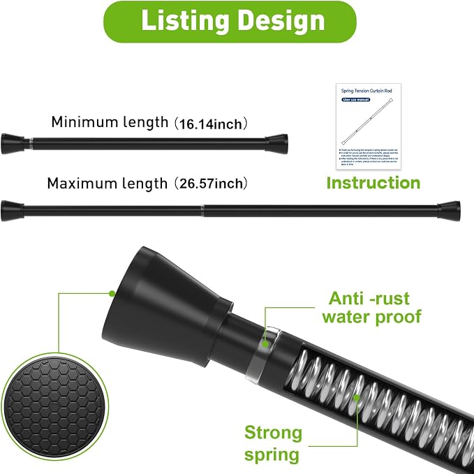 Tension Curtain Rod 2 Pack Small Tension Rods 16 to 26 Inch Black Tension Rod - Image 2