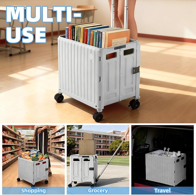 Folding Utility Cart, 4 360° Swivel Wheels Collapsible Rolling Crate - Image 7