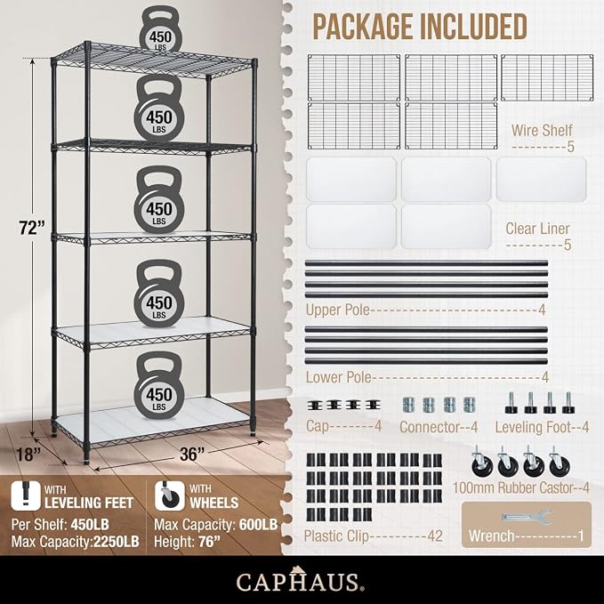 CAPHAUS NSF Commercial Grade Heavy Duty Wire Shelving w/Wheels, Leveling Feet & - Image 3