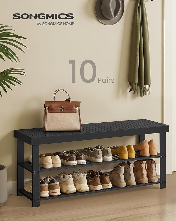 SONGMICS Shoe Rack Bench, 3-Tier Bamboo Shoe Storage Organizer, Entryway Bench - Image 3